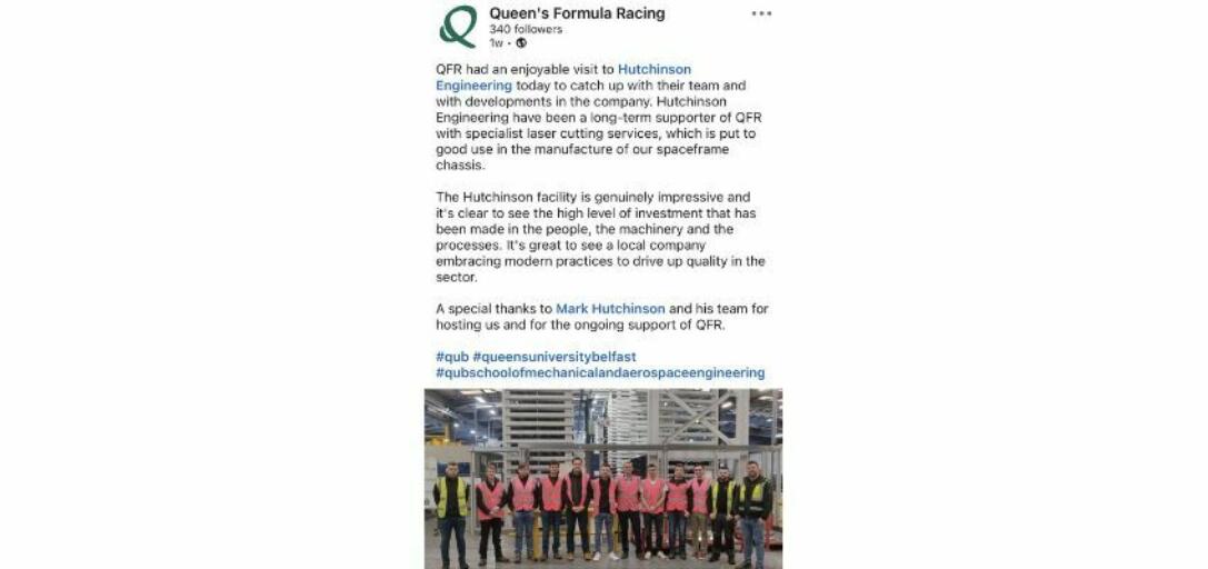 Queens University Formula Racing team visit Hutchinson Engineering social post